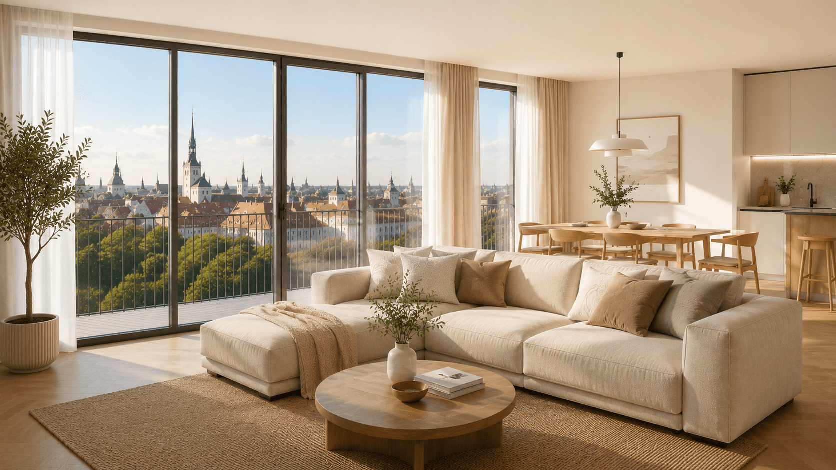 Bright living room in Tallinn with panoramic windows overlooking the Old Town